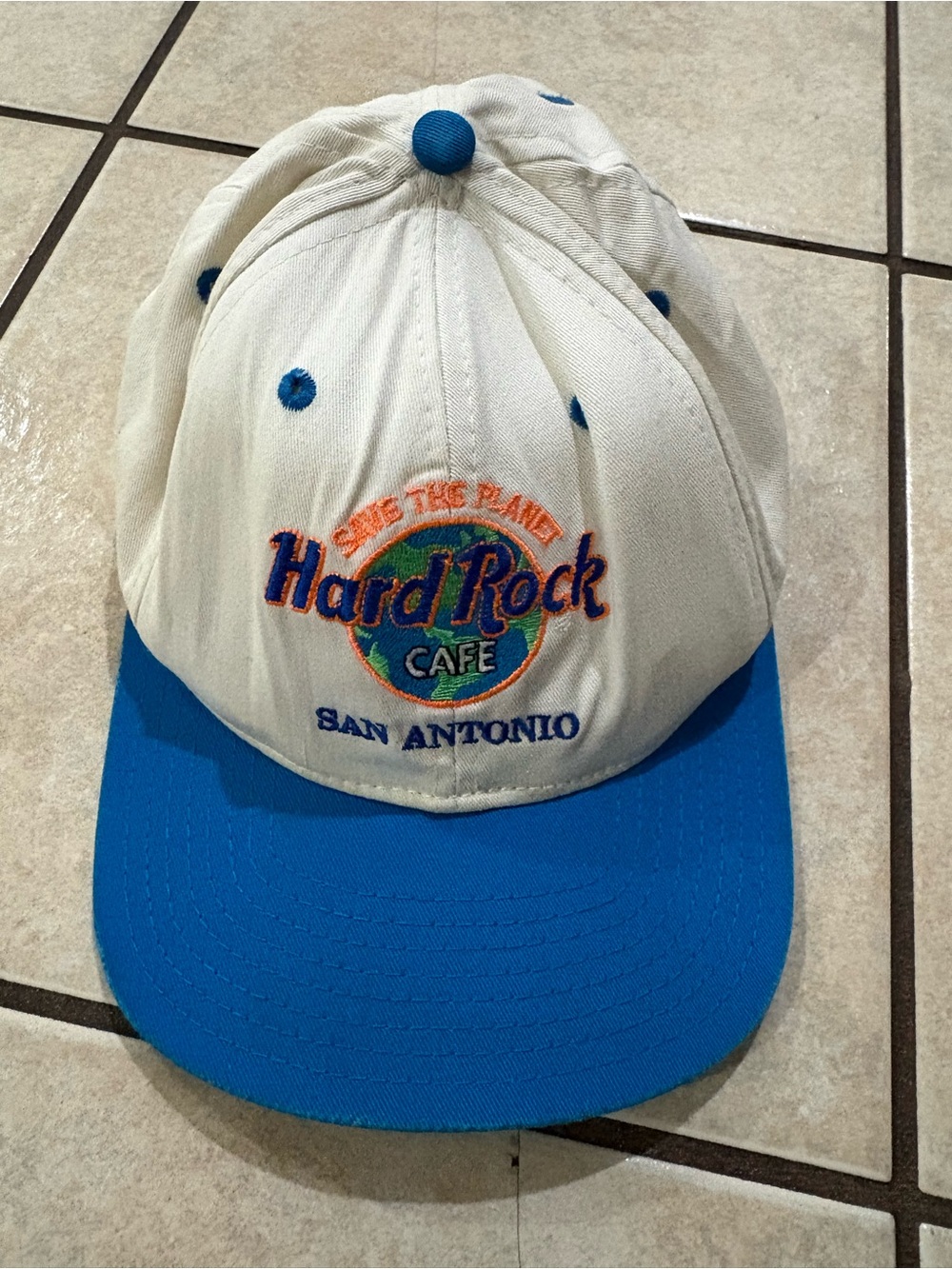Hard Rock Cafe Cream & Green Baseball Cap with Blue Embroidery